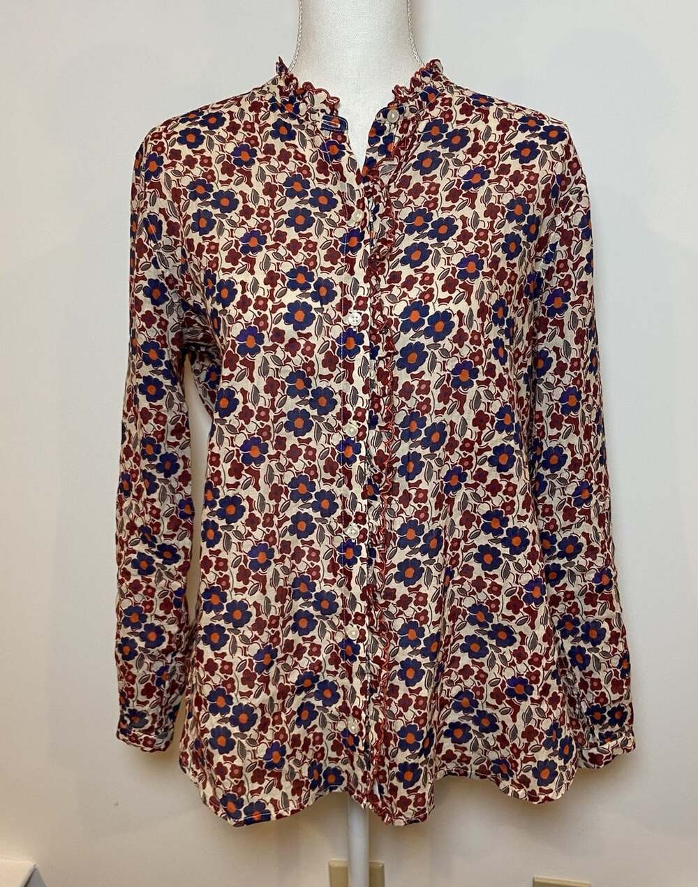 Trovata Birds of Paradis Shirt Blouse Ruffle Tan Red Blue Orange Large L
